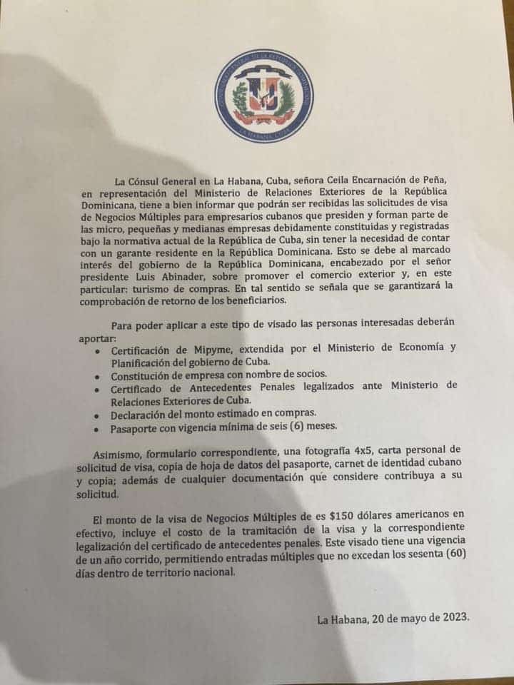 Dueños de MiPymes en Cuba tendrán Visa de Negocios Múltiples en República Dominicana