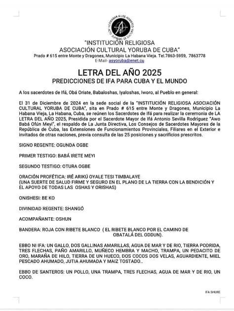 Letra del Año 2025 Predicciones de Ifa para Cuba y el mundo