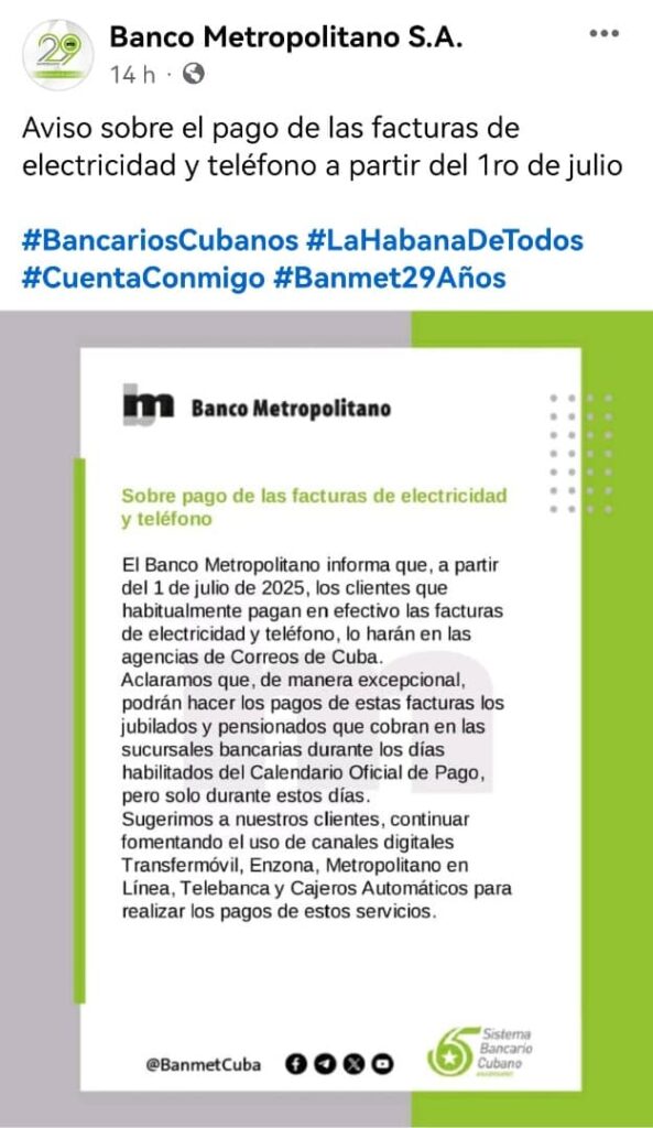 Banco Metropolitano de Cuba informa sobre pago de facturas de electricidad y teléfono