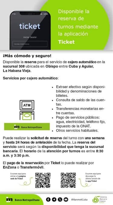 Ticket Banco Metropolitano Cuba